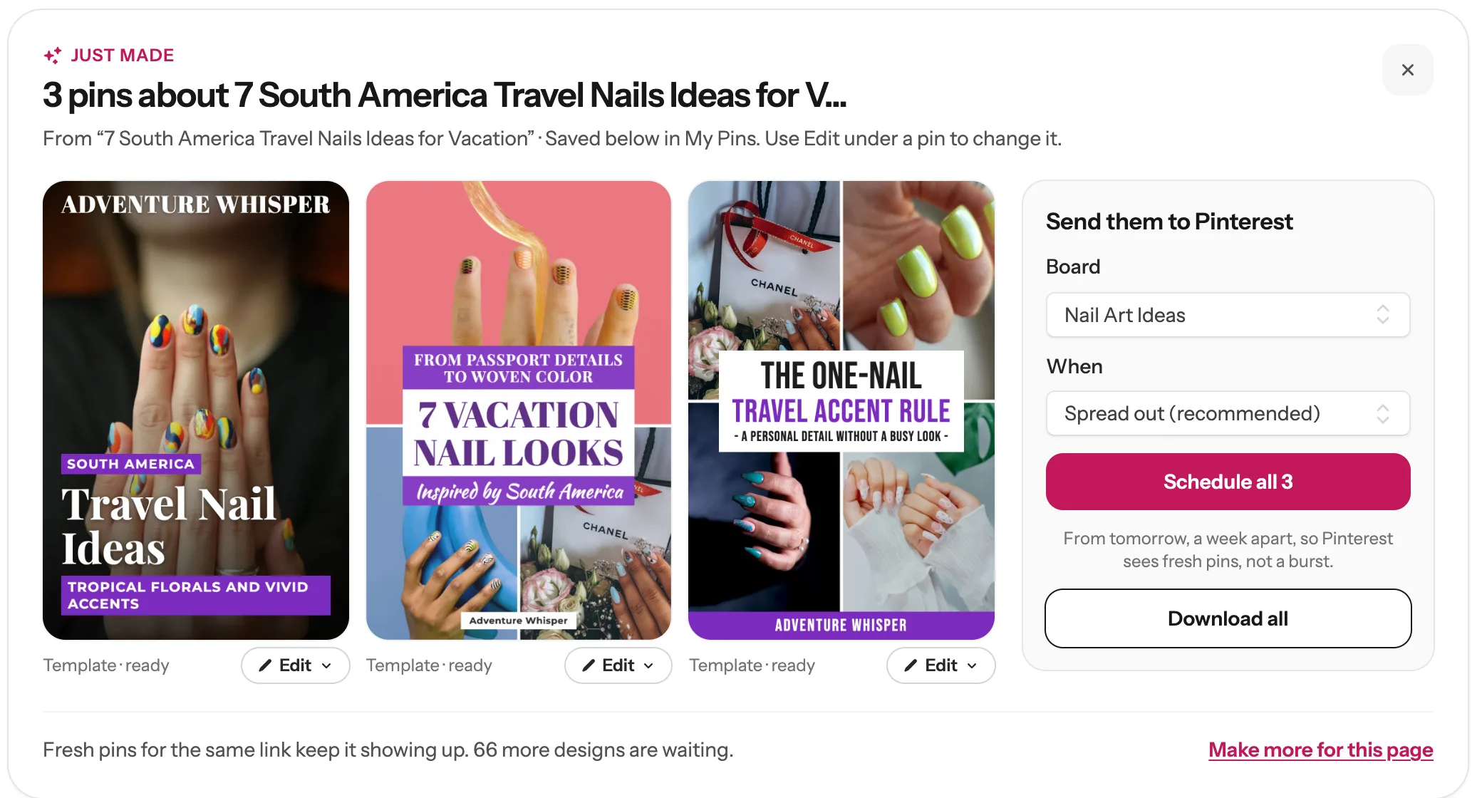 Three finished Pinterest pins from the travel nails post in the Just made box