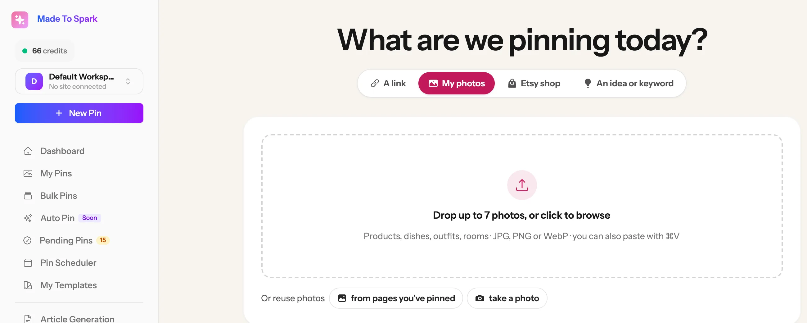 The New Pin page with the My photos tab open and a box to drop up to 7 photos