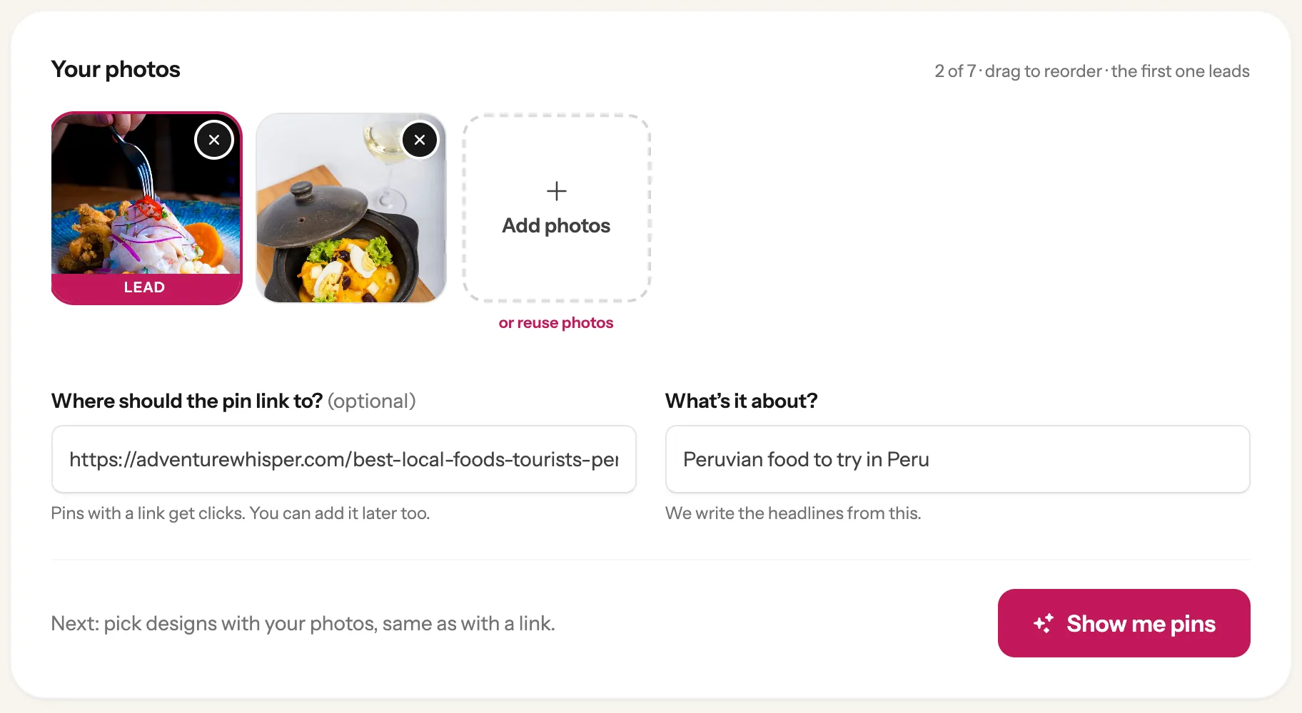Two food photos added, the first marked Lead, with the link to the blog post and the topic Peruvian food to try in Peru