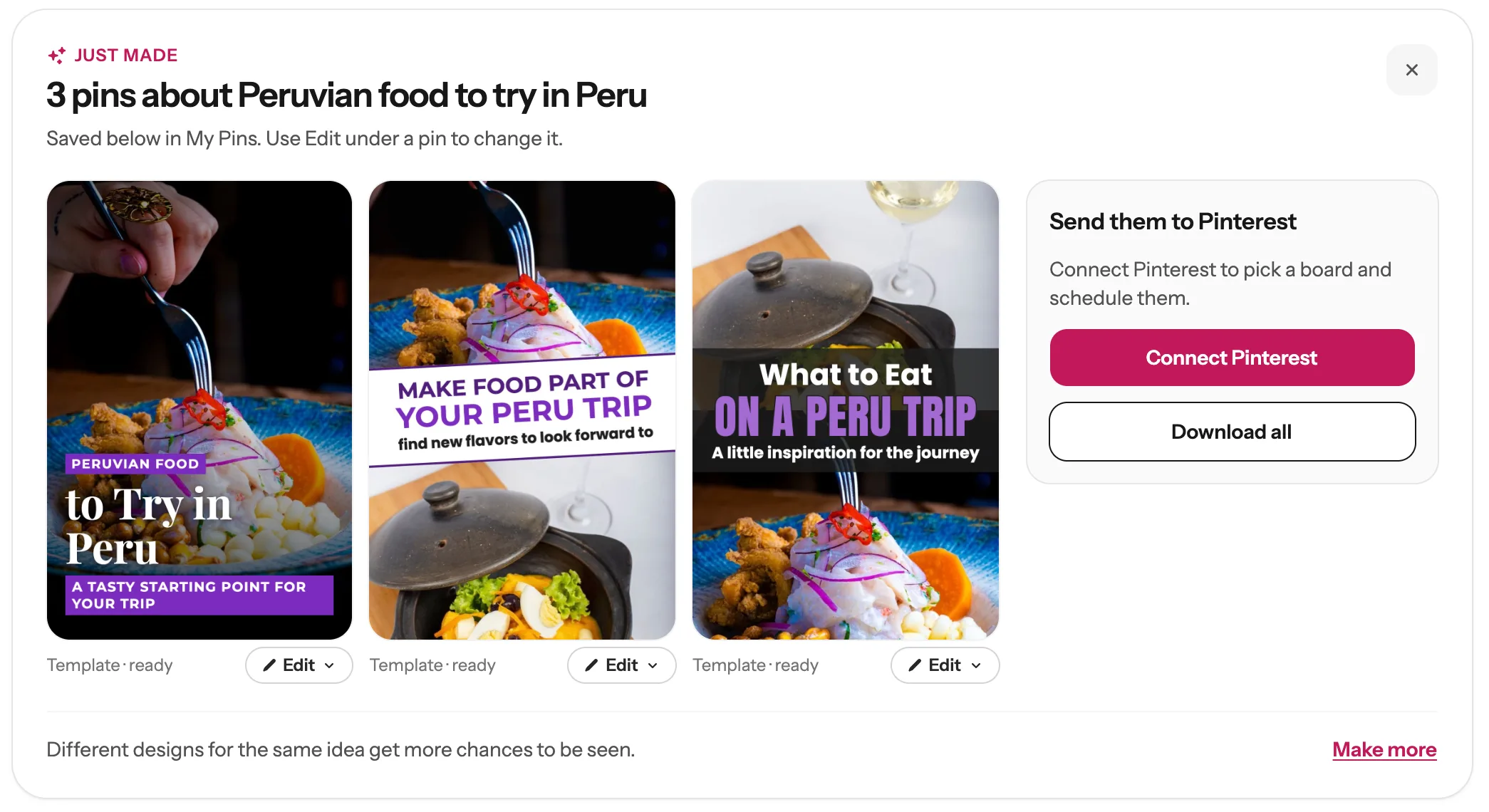 Three finished Pinterest pins made from the two food photos in the Just made box