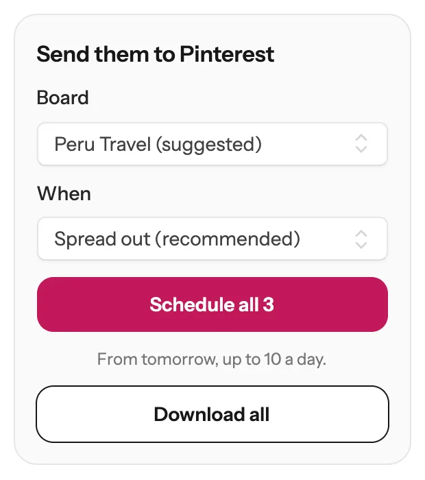 After connecting: the Peru Travel board suggested, When set to Spread out (recommended), and a Schedule all 3 button
