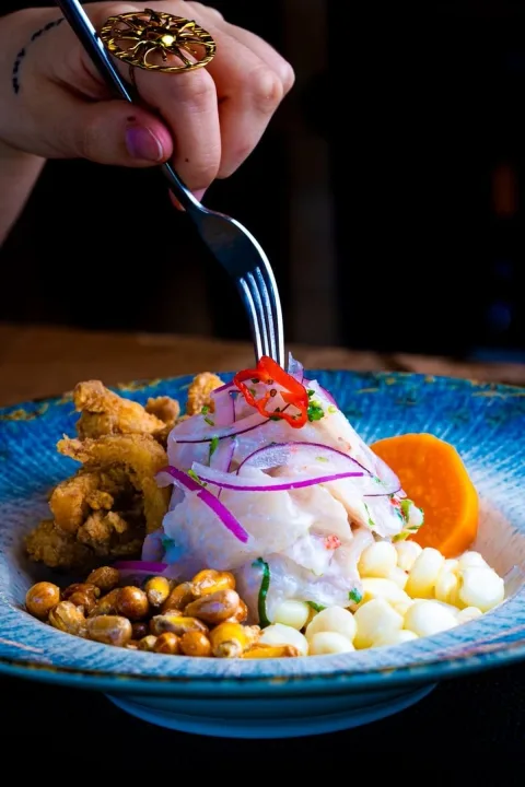 A plain photo of Peruvian ceviche in a blue bowl