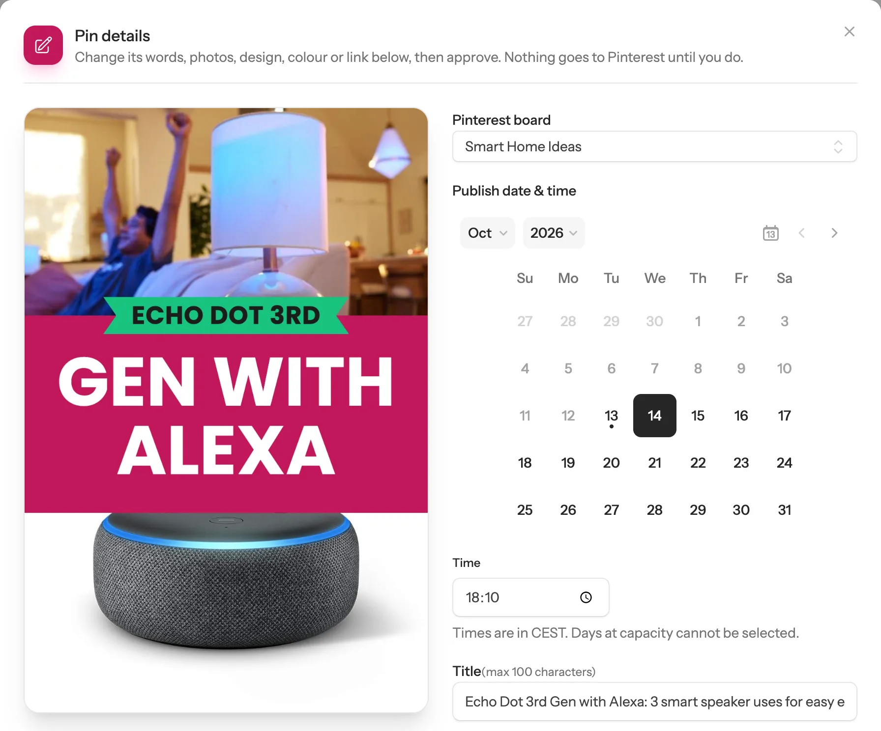 The fixed Echo Dot pin with Smart Home Ideas chosen as its Pinterest board