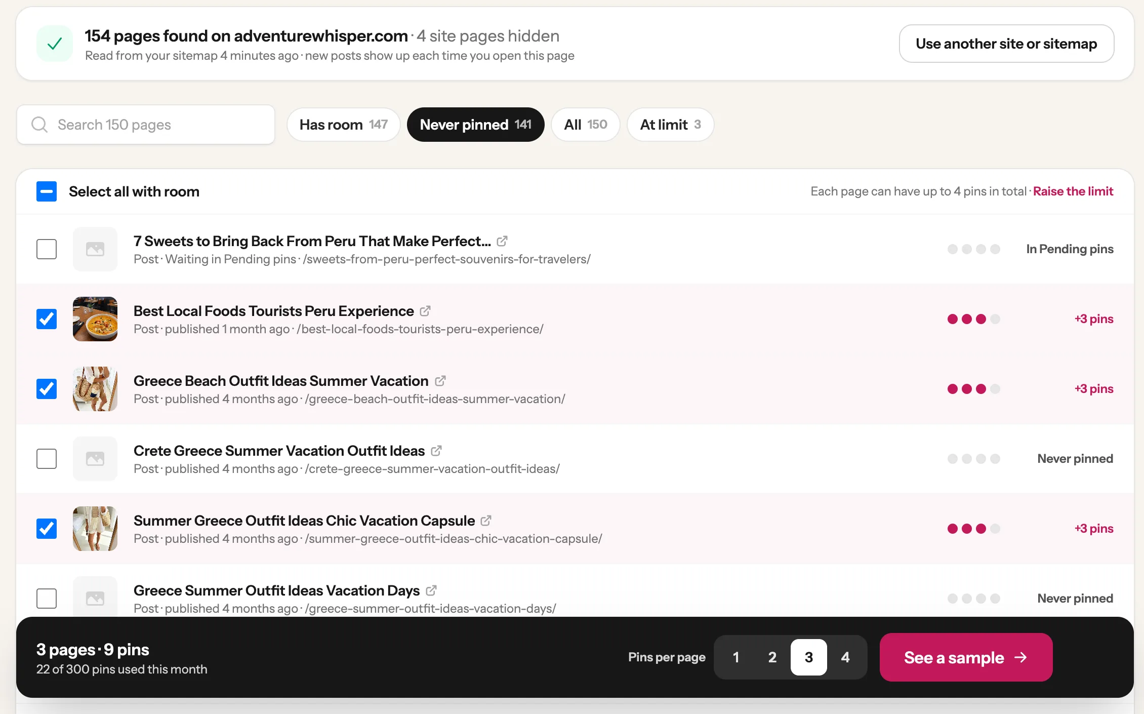 A list of blog posts from adventurewhisper.com with three of them ticked, and a See a sample button