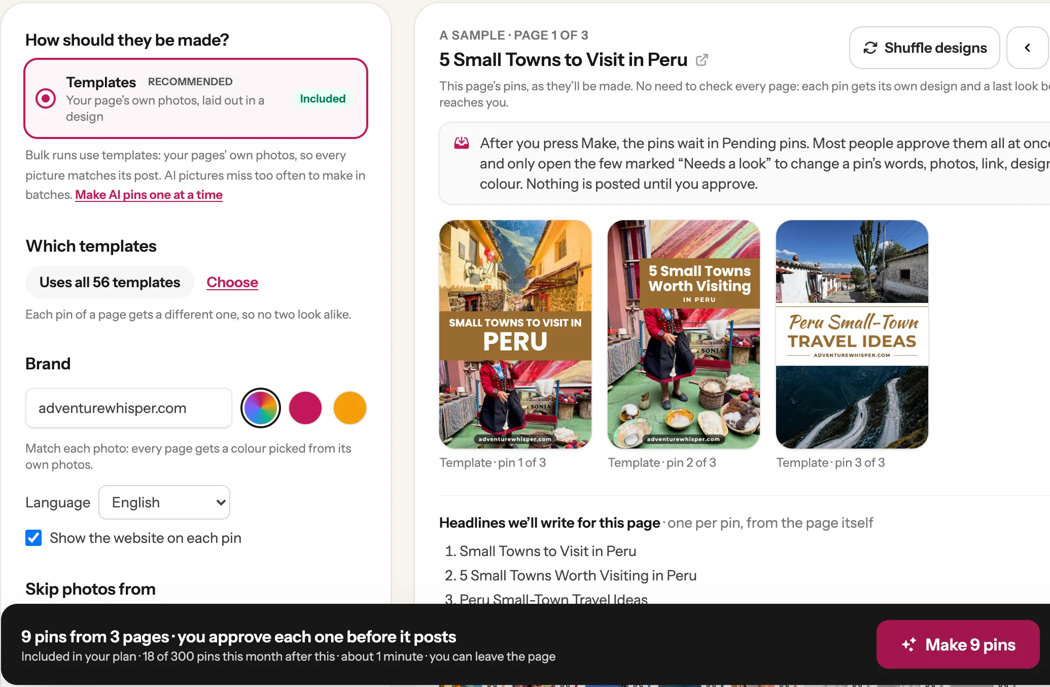 Three sample pins for the 5 Small Towns to Visit in Peru post, and the Make 9 pins button
