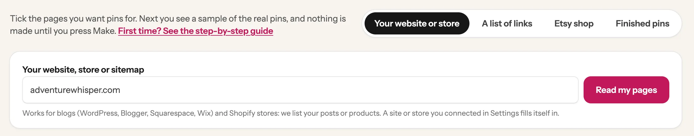 The Bulk Pins page with the Your website or store tab open and a website typed in the box