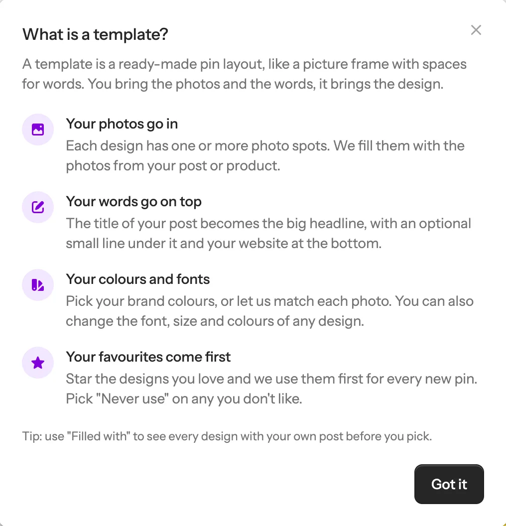 The What is a template window: your photos go in, your words go on top, your colours and fonts, your favourites come first
