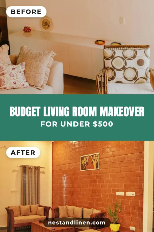 A before and after pin: budget living room makeover for under $500