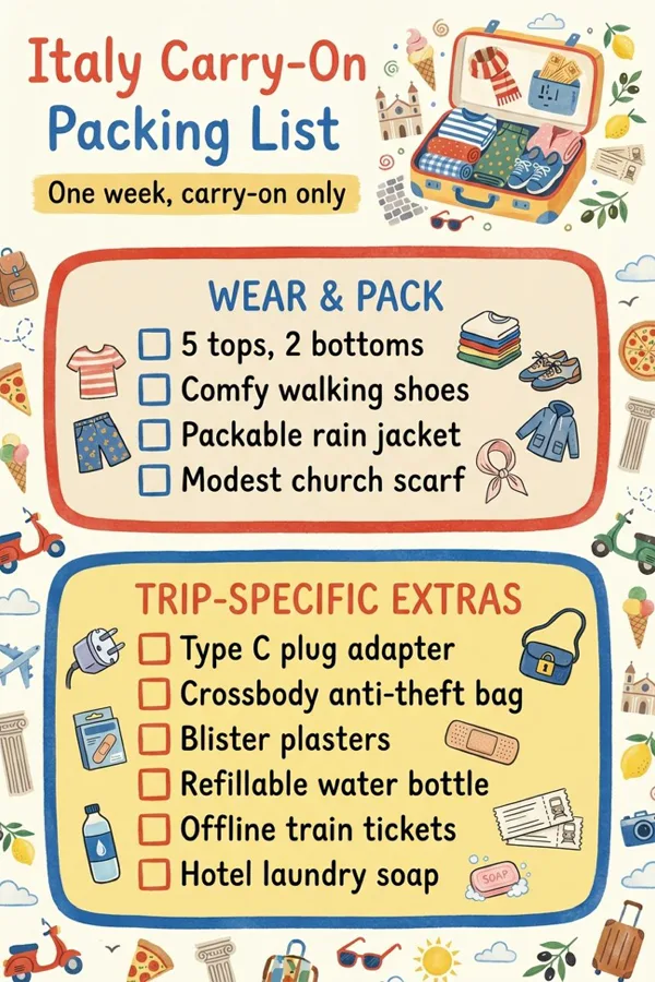 An infographic pin: Italy carry-on packing list with every item ticked off