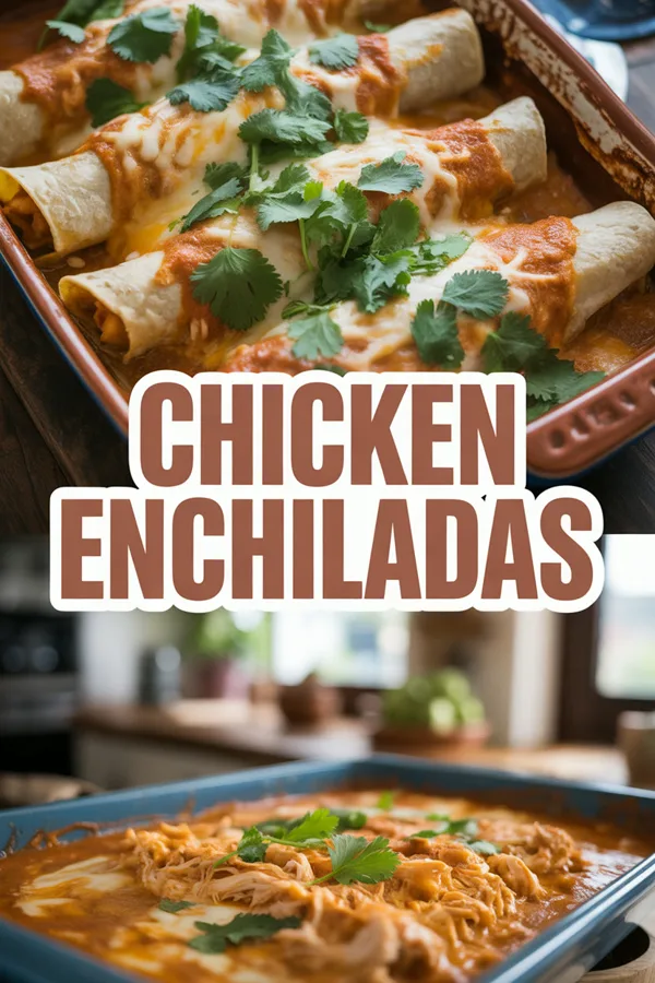 A pin with a photo of chicken enchiladas and the words Chicken Enchiladas on top