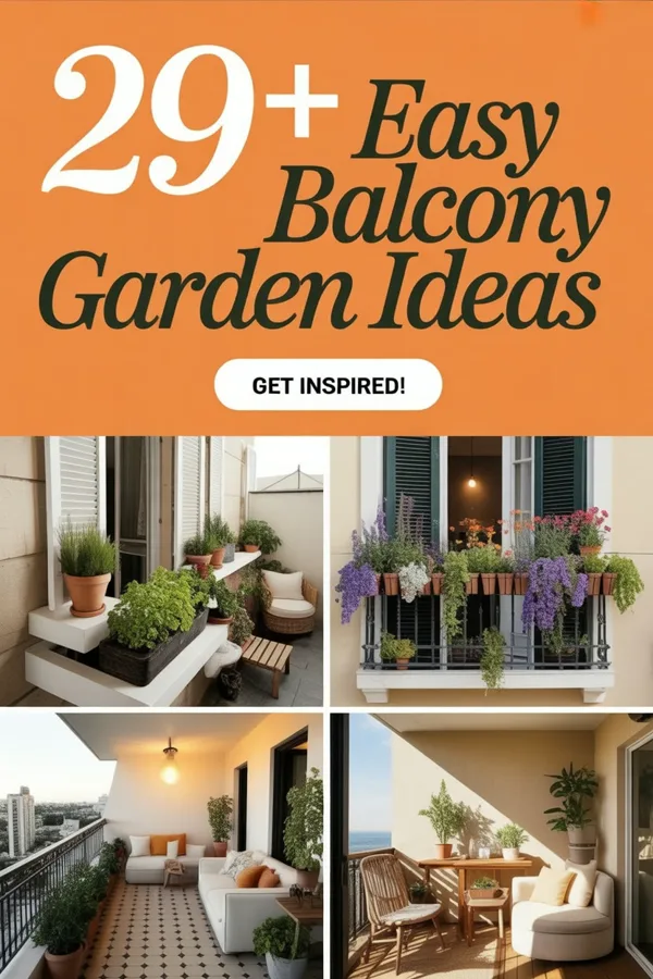 A pin titled 29+ Easy Balcony Garden Ideas, with 4 balcony photos