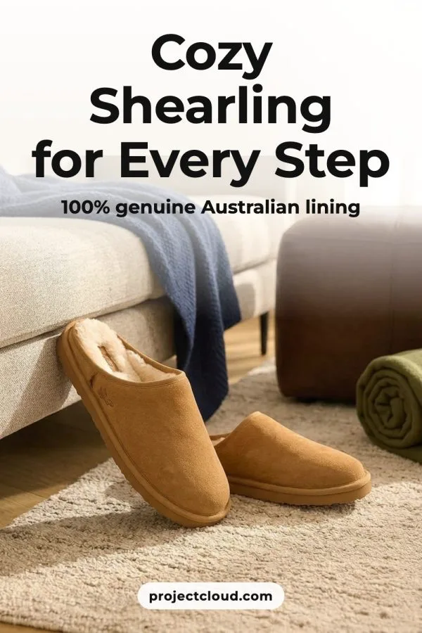 A product pin: sheepskin slippers on a rug, titled Cozy Shearling for Every Step