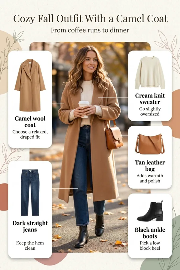 A shop the look pin: a camel coat outfit with each piece labelled around it