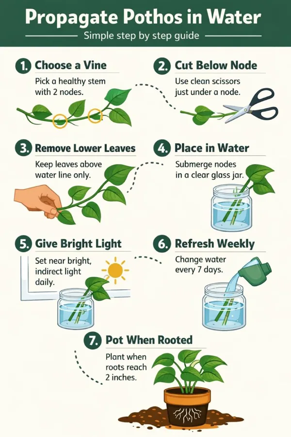 An infographic pin showing 7 steps to propagate pothos in water
