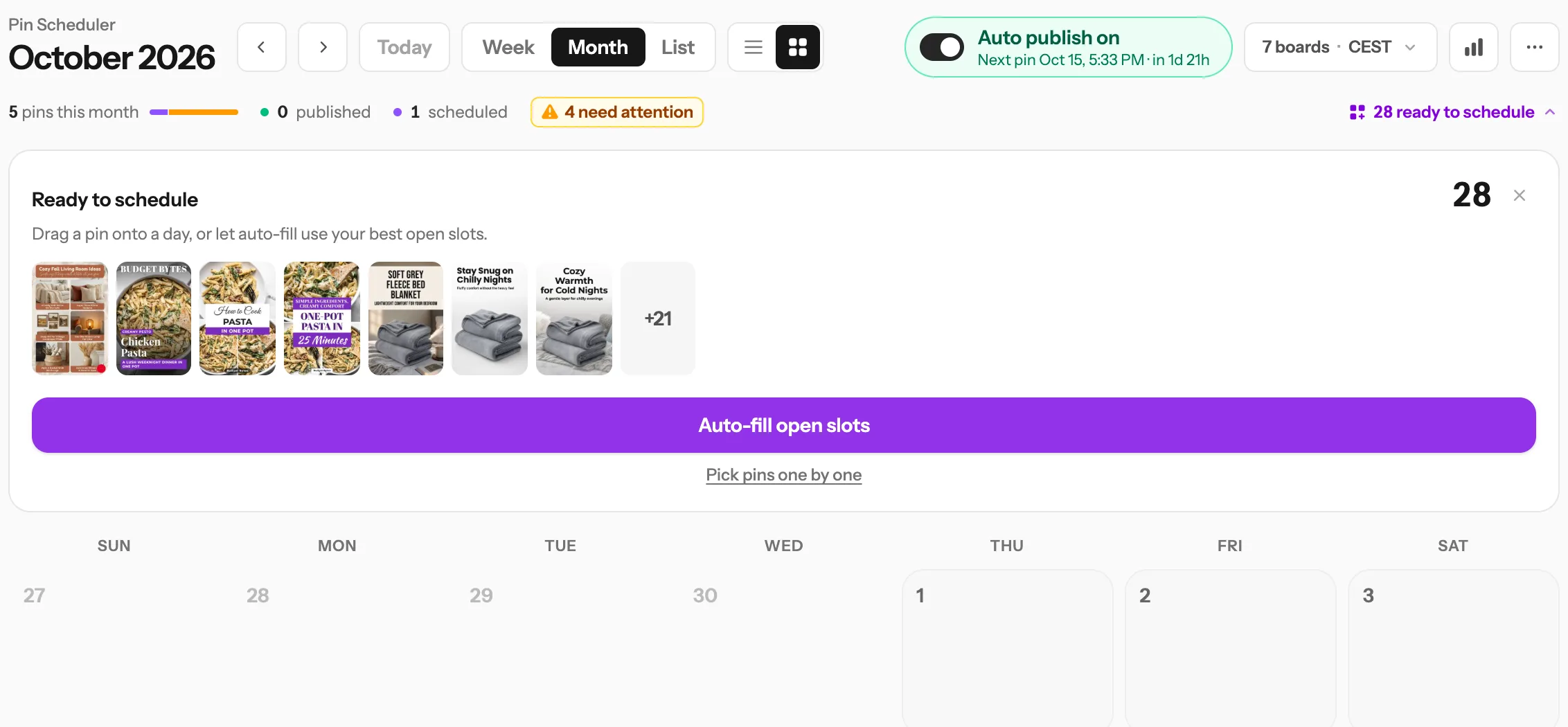 The Pin Scheduler calendar with Auto publish on, the Ready to schedule tray open and the Auto-fill open slots button