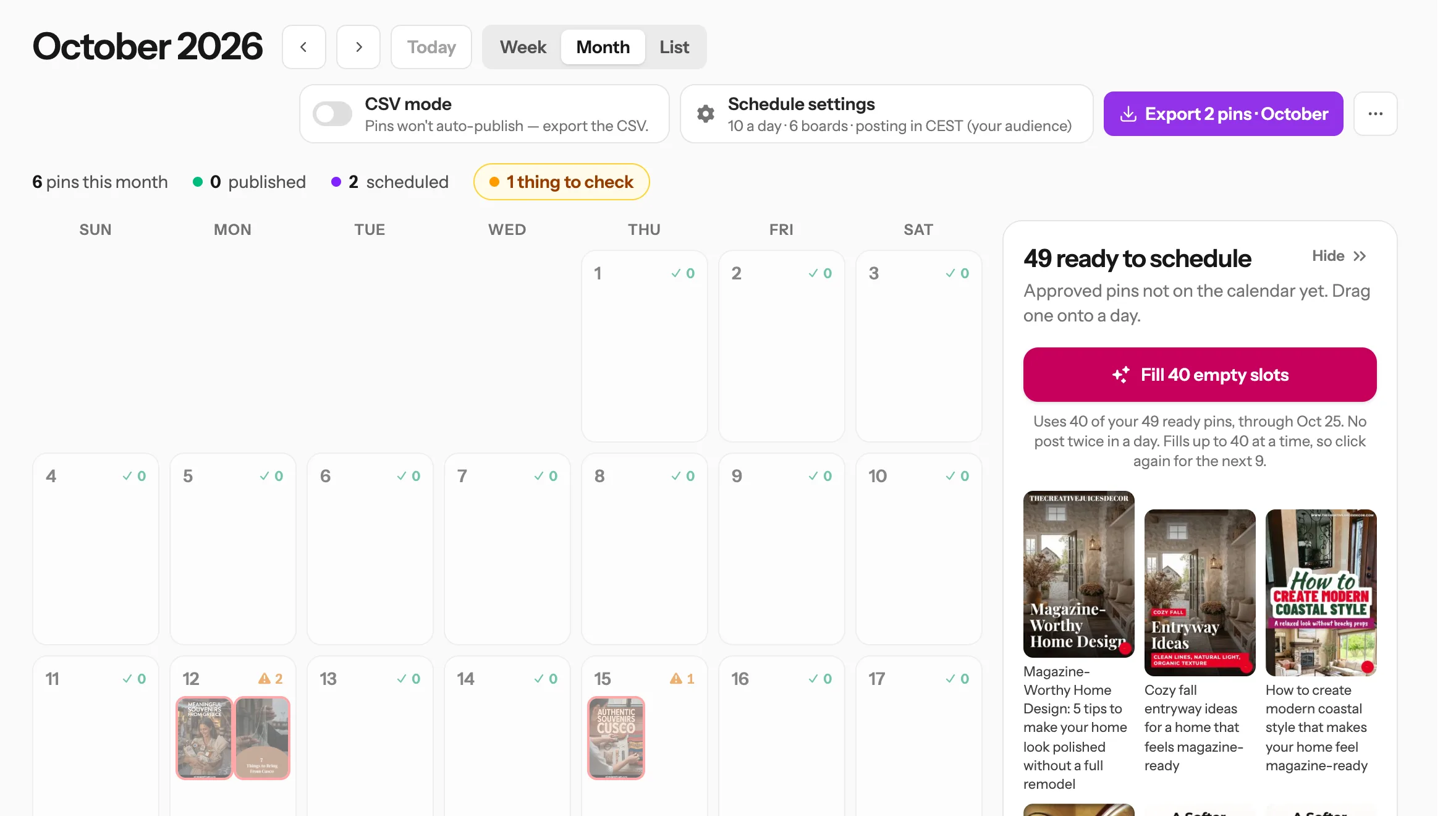 The Pin Scheduler calendar, with ready pins on the right and the Fill empty slots button