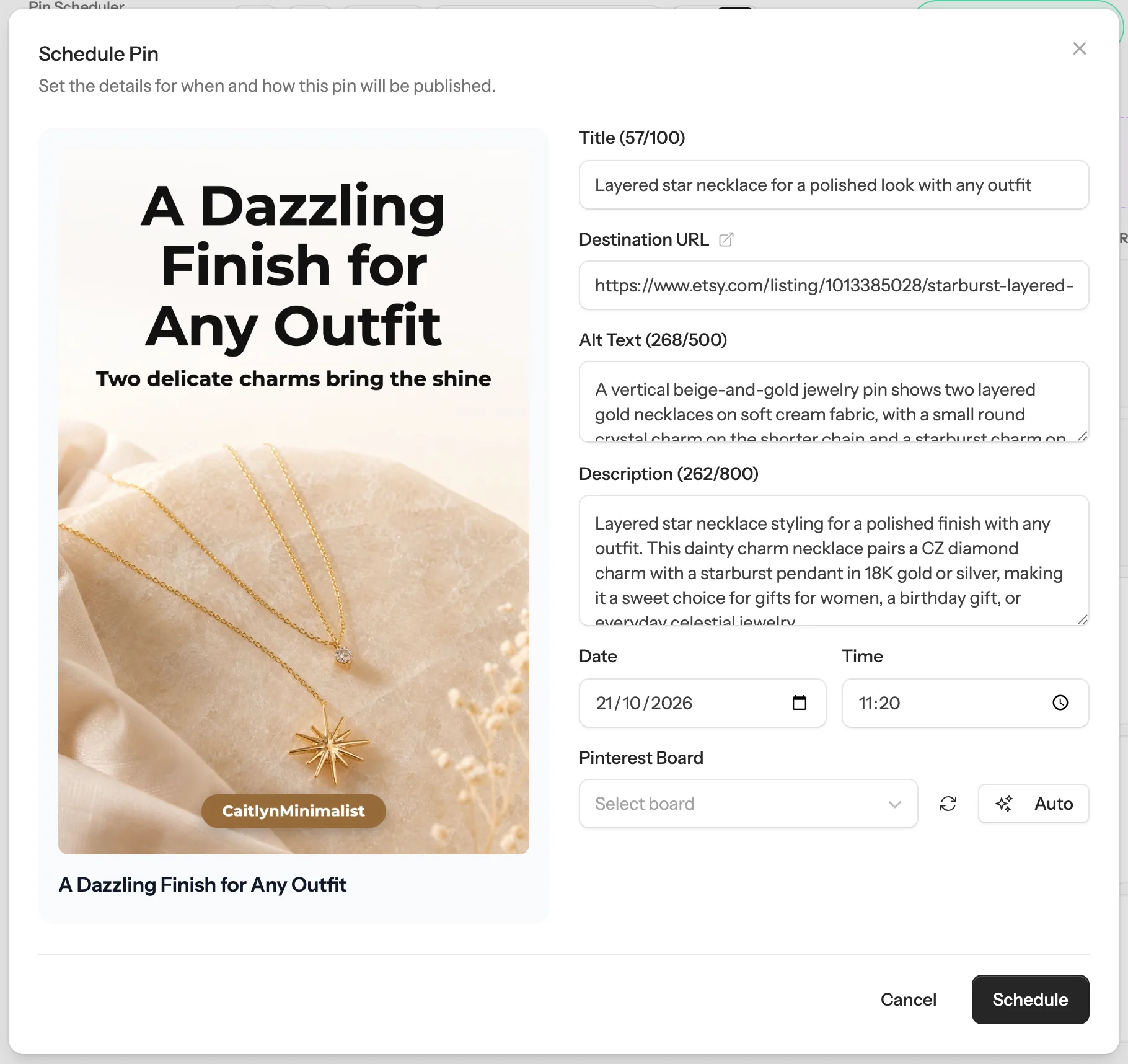 The Schedule to Pinterest window with the board, date, time, title and the Confirm & Schedule button
