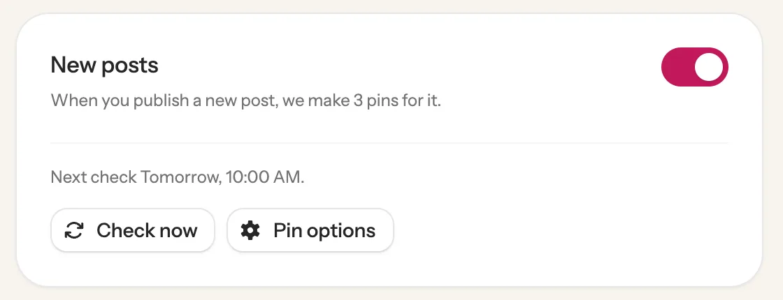 Under Settings, the New posts card with Check now and Pin options buttons