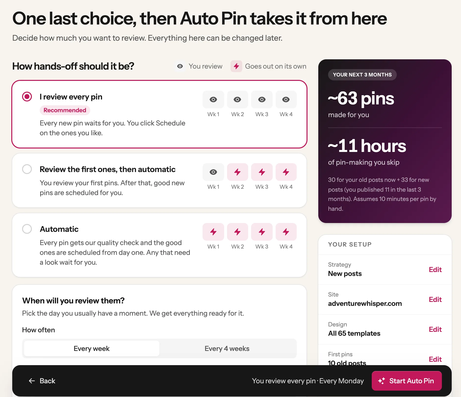 How hands-off should it be? I review every pin is picked and marked Recommended, above Review the first ones then automatic and Automatic, with When will you review them? and the Start Auto Pin button