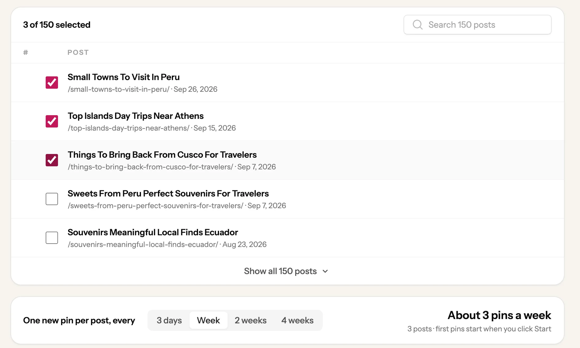 Three travel posts ticked, and Week picked under One new pin per post, every
