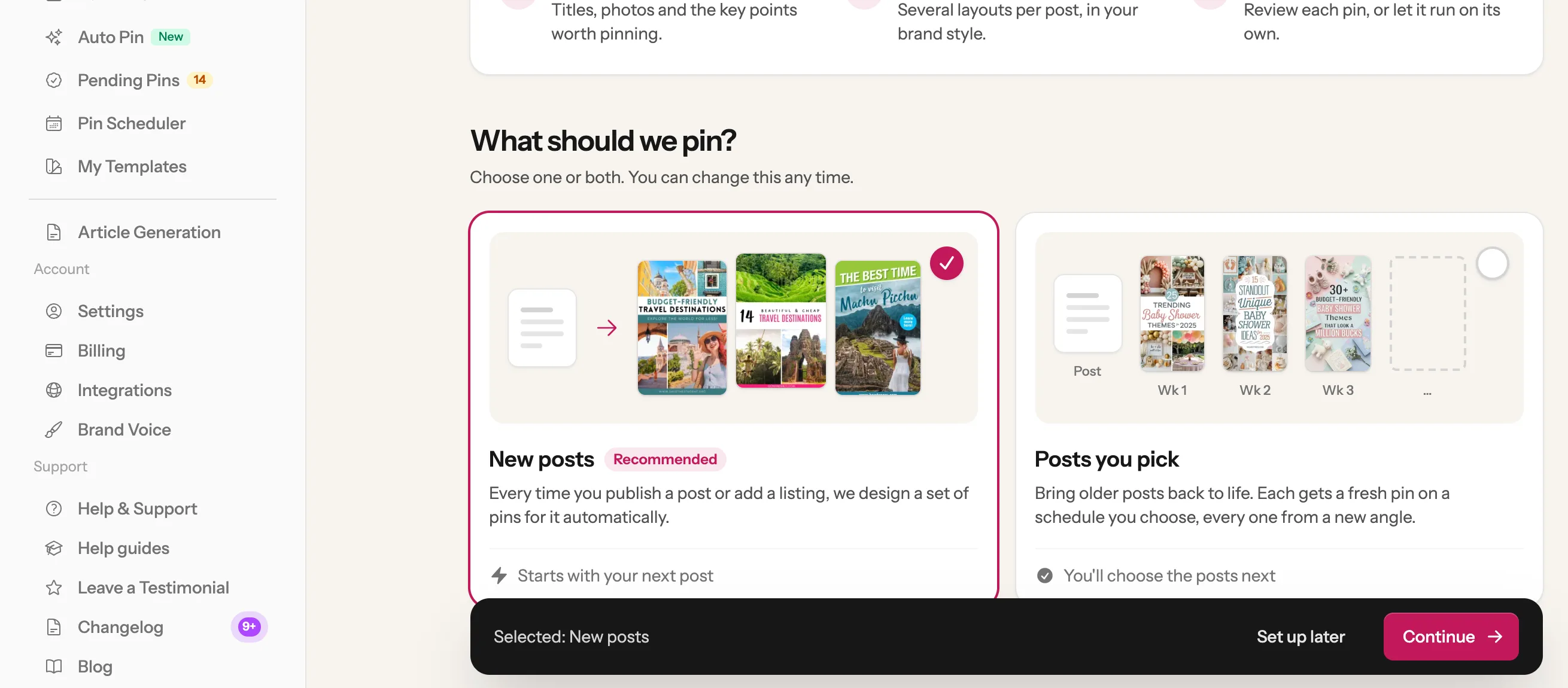 The Auto Pin setup: What should we pin? with New posts ticked and Posts you pick next to it