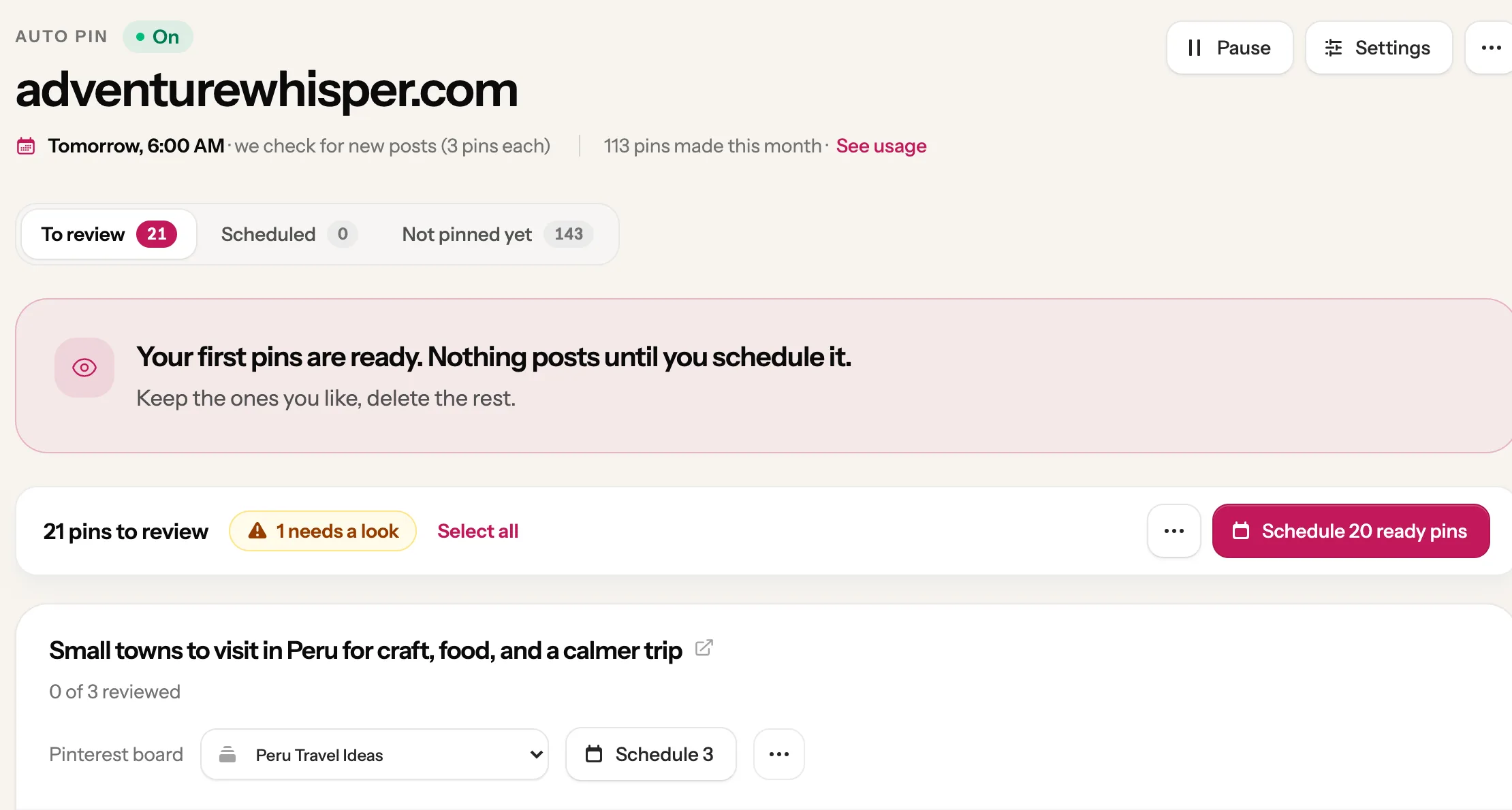 The Auto Pin page for adventurewhisper.com with 21 pins to review, a Pinterest board picker and Schedule buttons