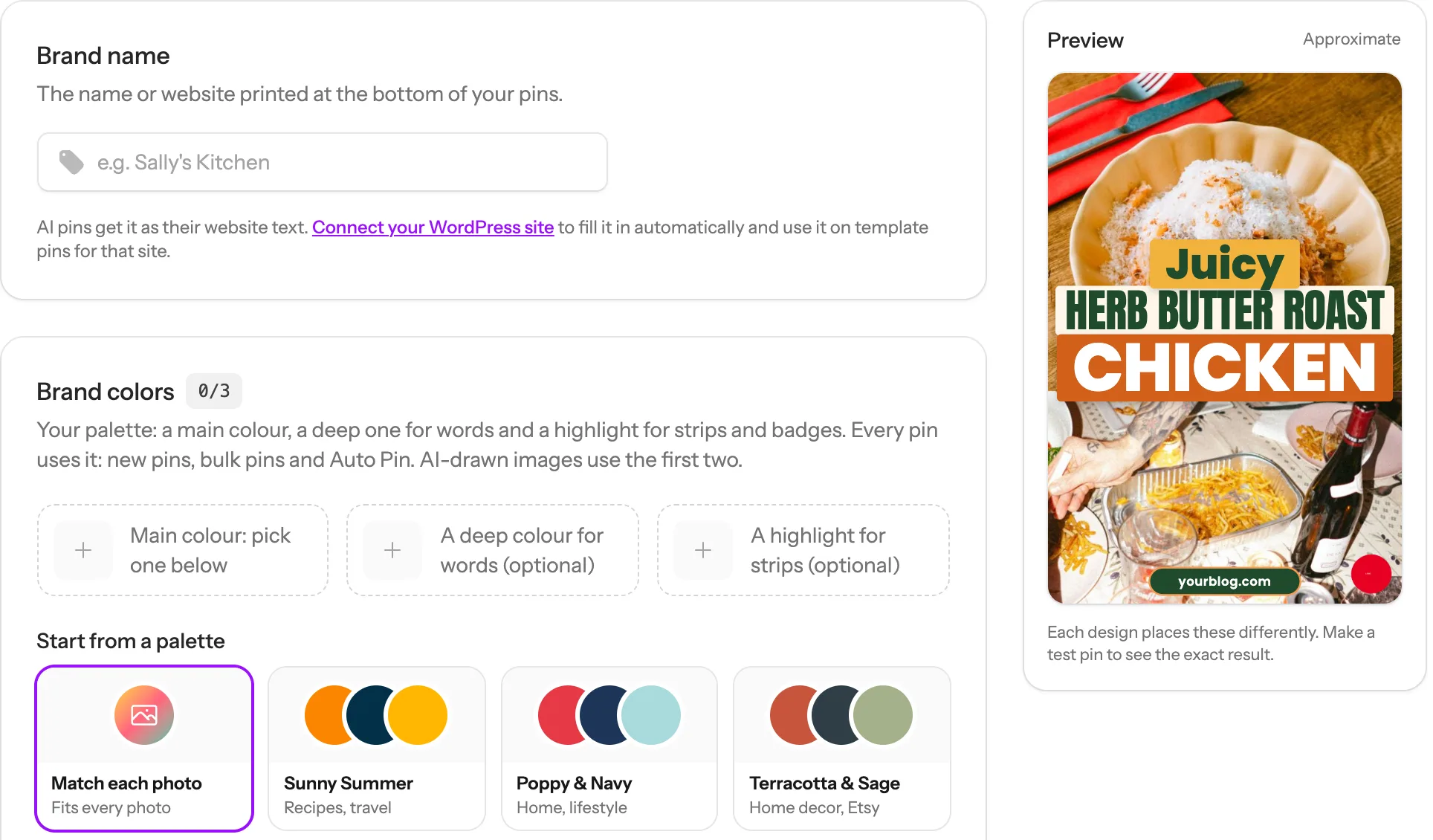 The Brand Voice page: Brand name, Brand colors with Match each photo picked, and the pin Preview on the right