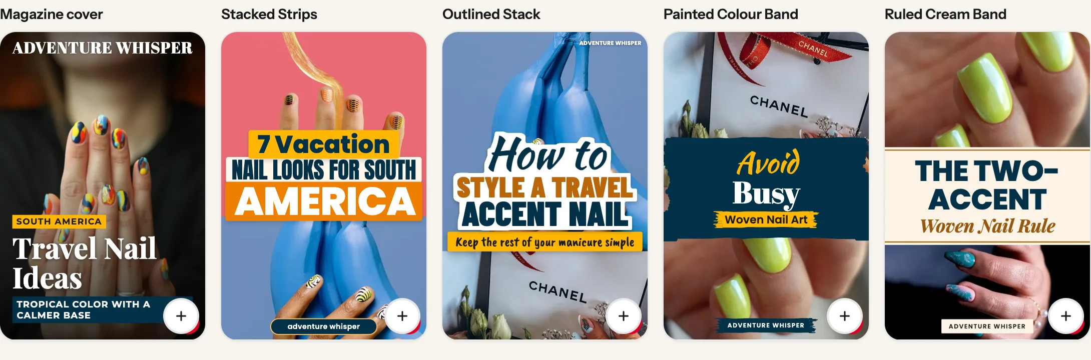 Pin designs for a travel nails post, repainted in orange, navy and yellow