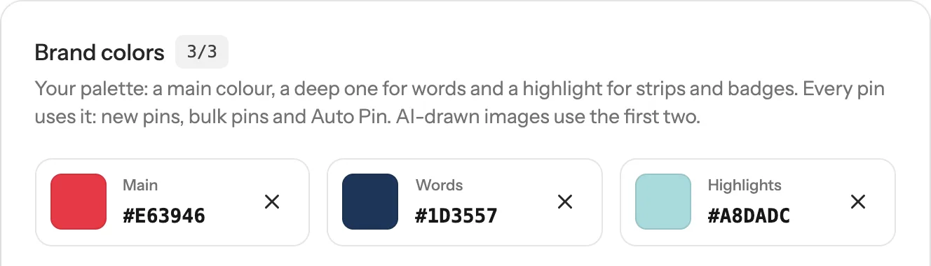 The three colour spots: Main, Words and Highlights, each with a colour square, its code and a remove button