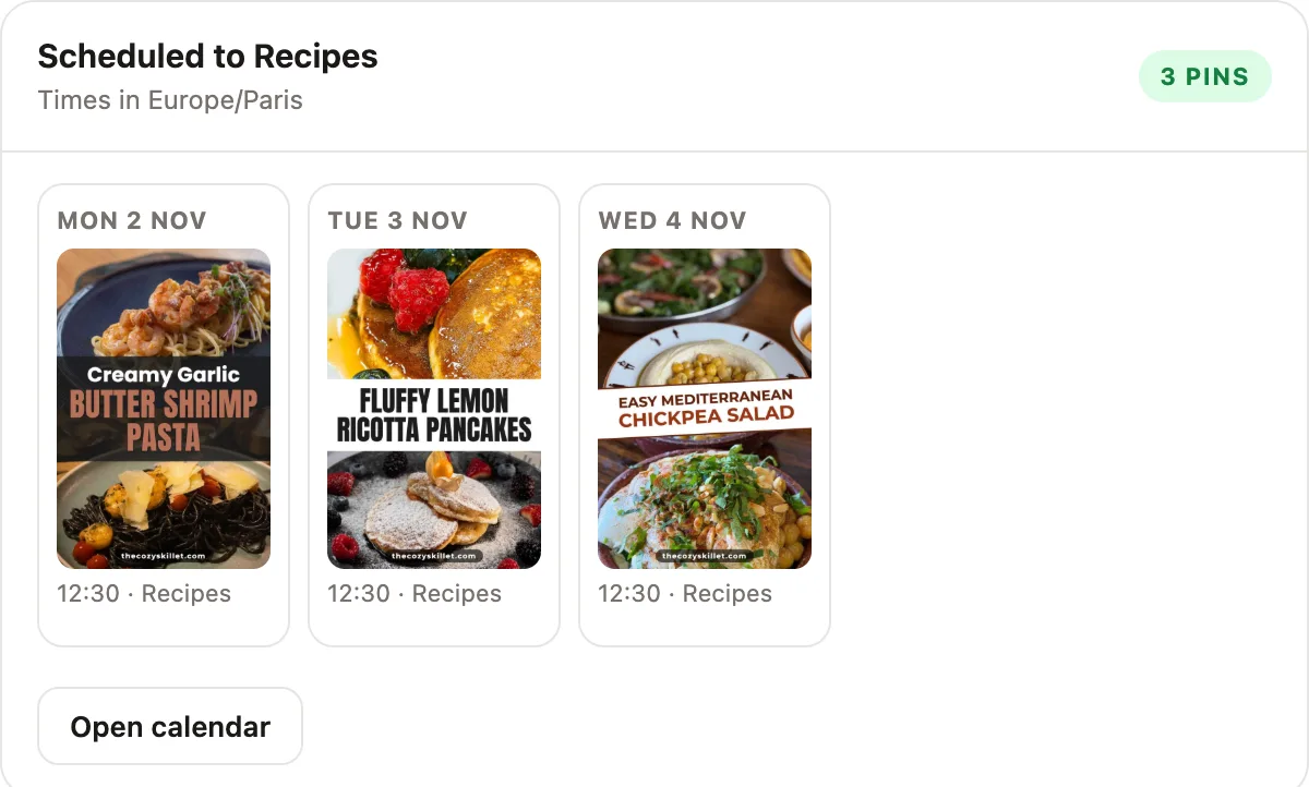 The calendar screen in the chat: three pins scheduled on Monday, Tuesday and Wednesday to the Recipes board
