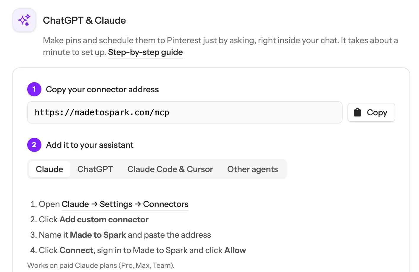 The ChatGPT & Claude box in Settings, Integrations: the connector address with a Copy button, then the steps for Claude, ChatGPT, Claude Code and other agents