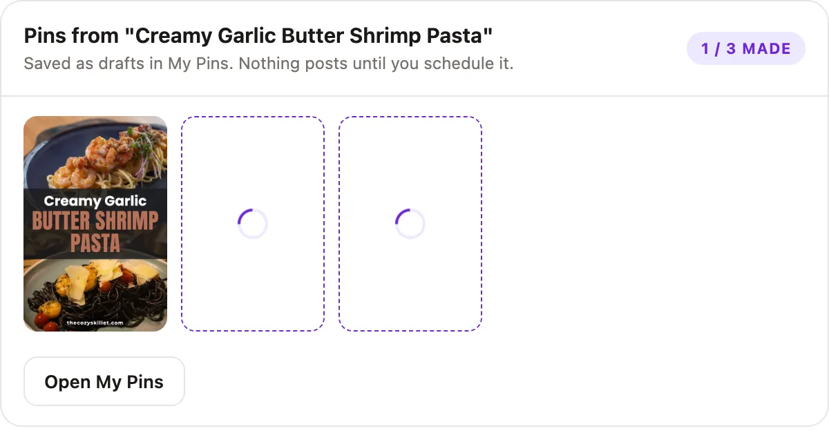 The pins screen in the chat: the first pin is ready, the other two are still being made