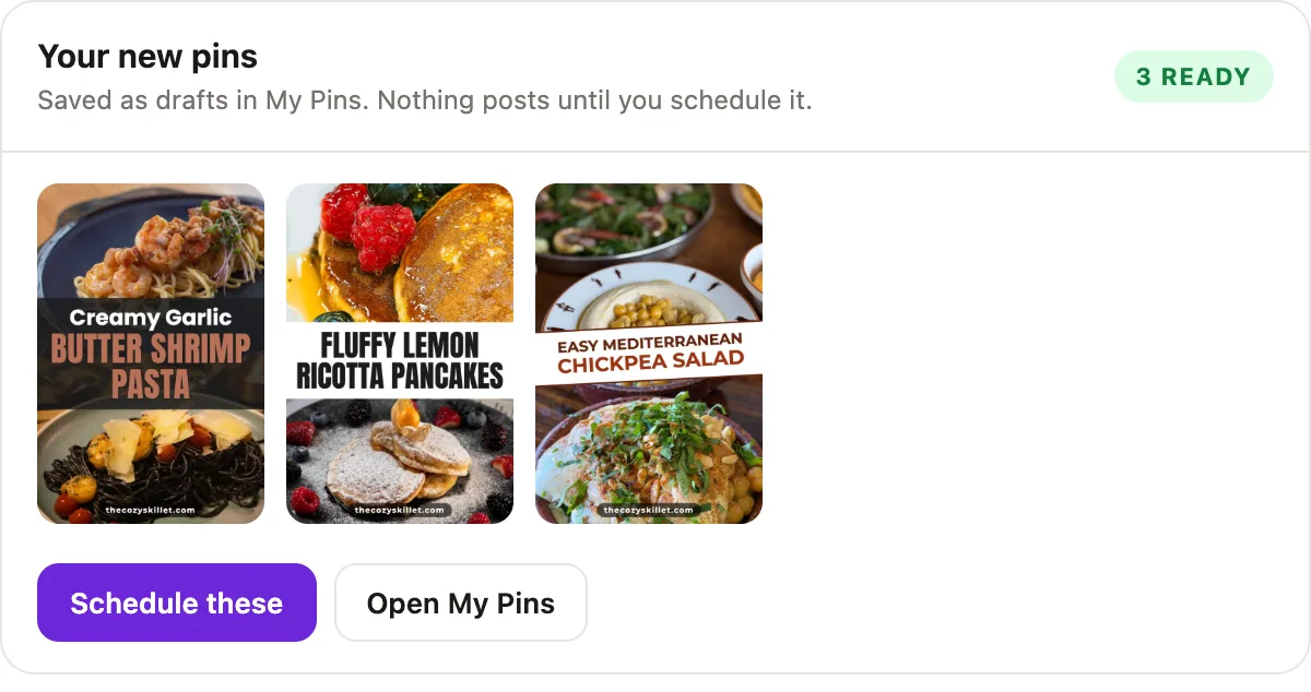 All three pins ready in the chat, with Schedule these and Open My Pins buttons