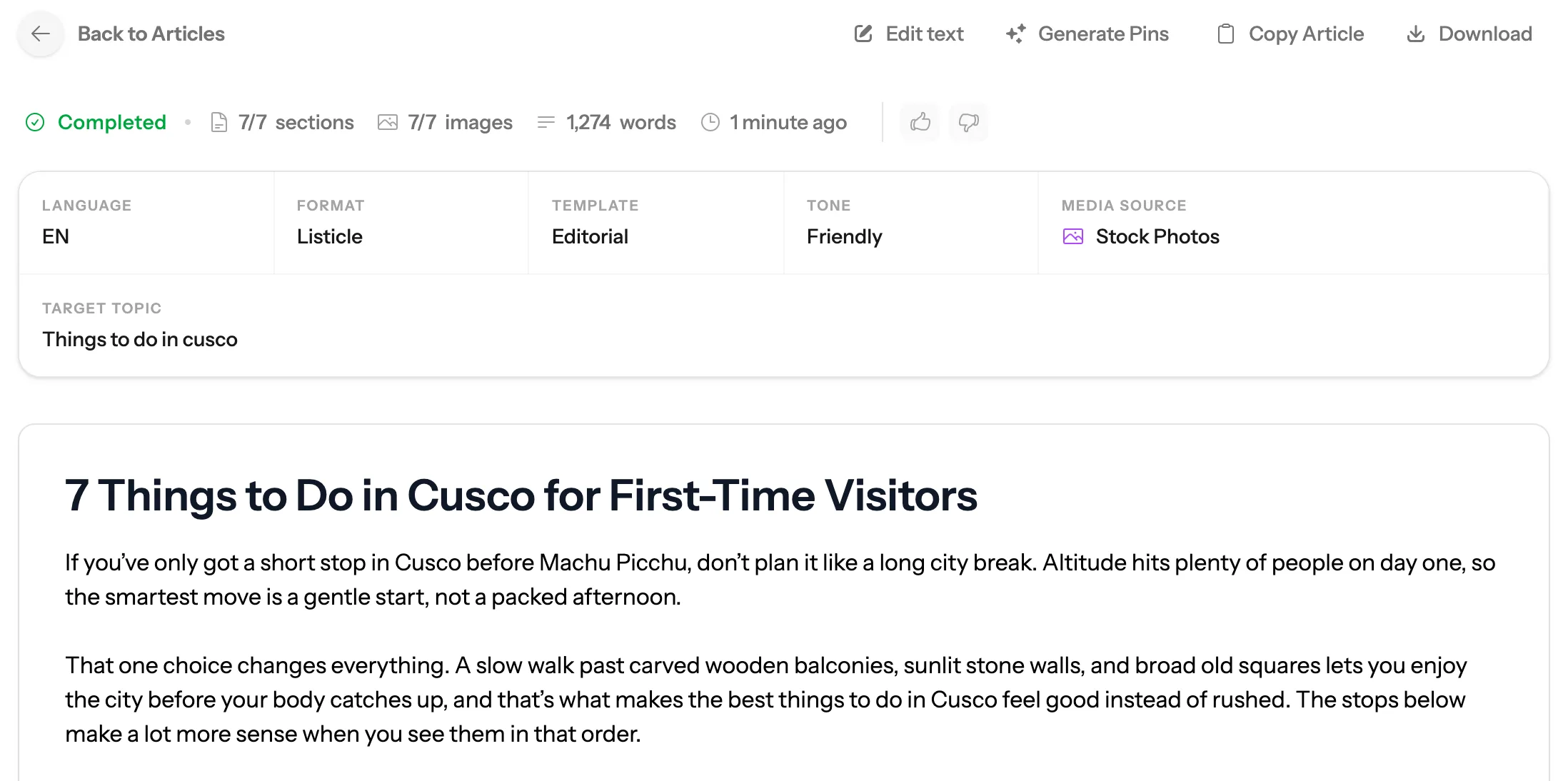 The finished post: 7 of 7 sections, 7 of 7 images and 1,274 words