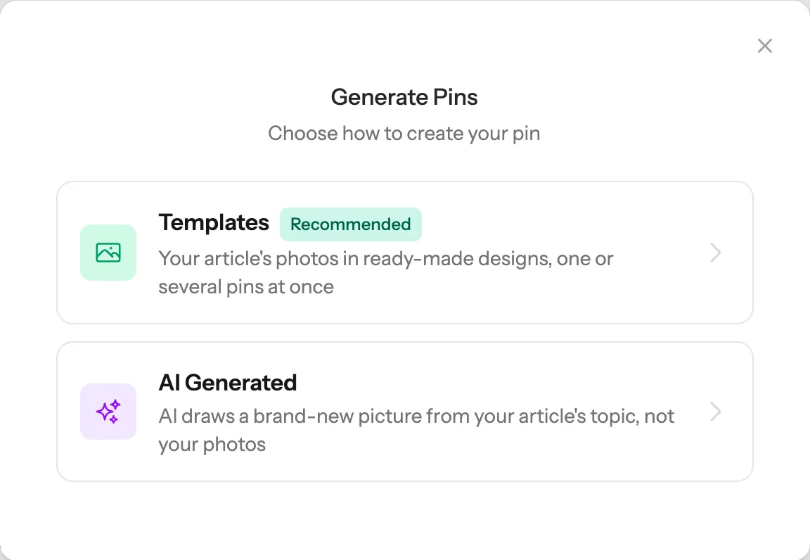 The Generate Pins window: Templates, recommended, or AI Generated