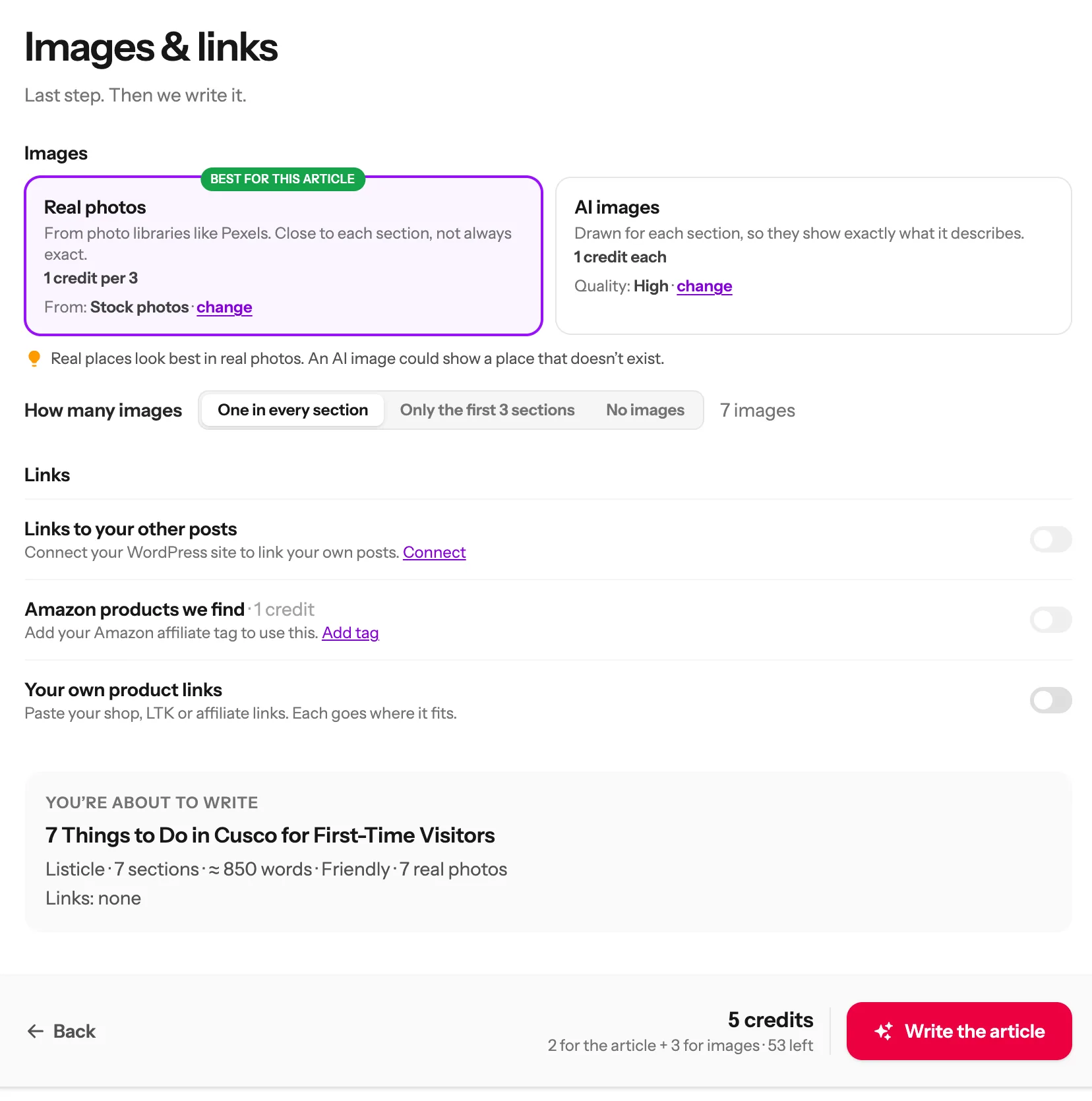 Images and links: Real photos picked as best for this article, one in every section, the links switches and the summary