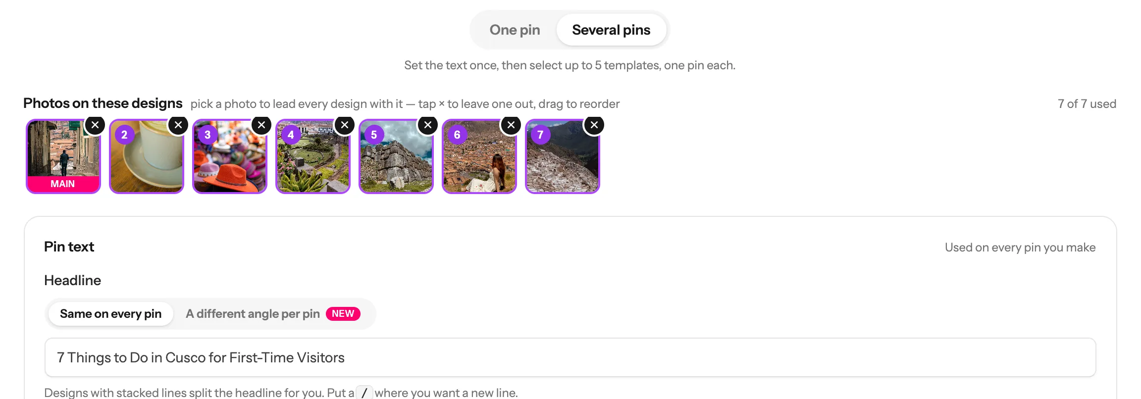 Several pins chosen: the post's seven photos in a row and the headline used on every pin