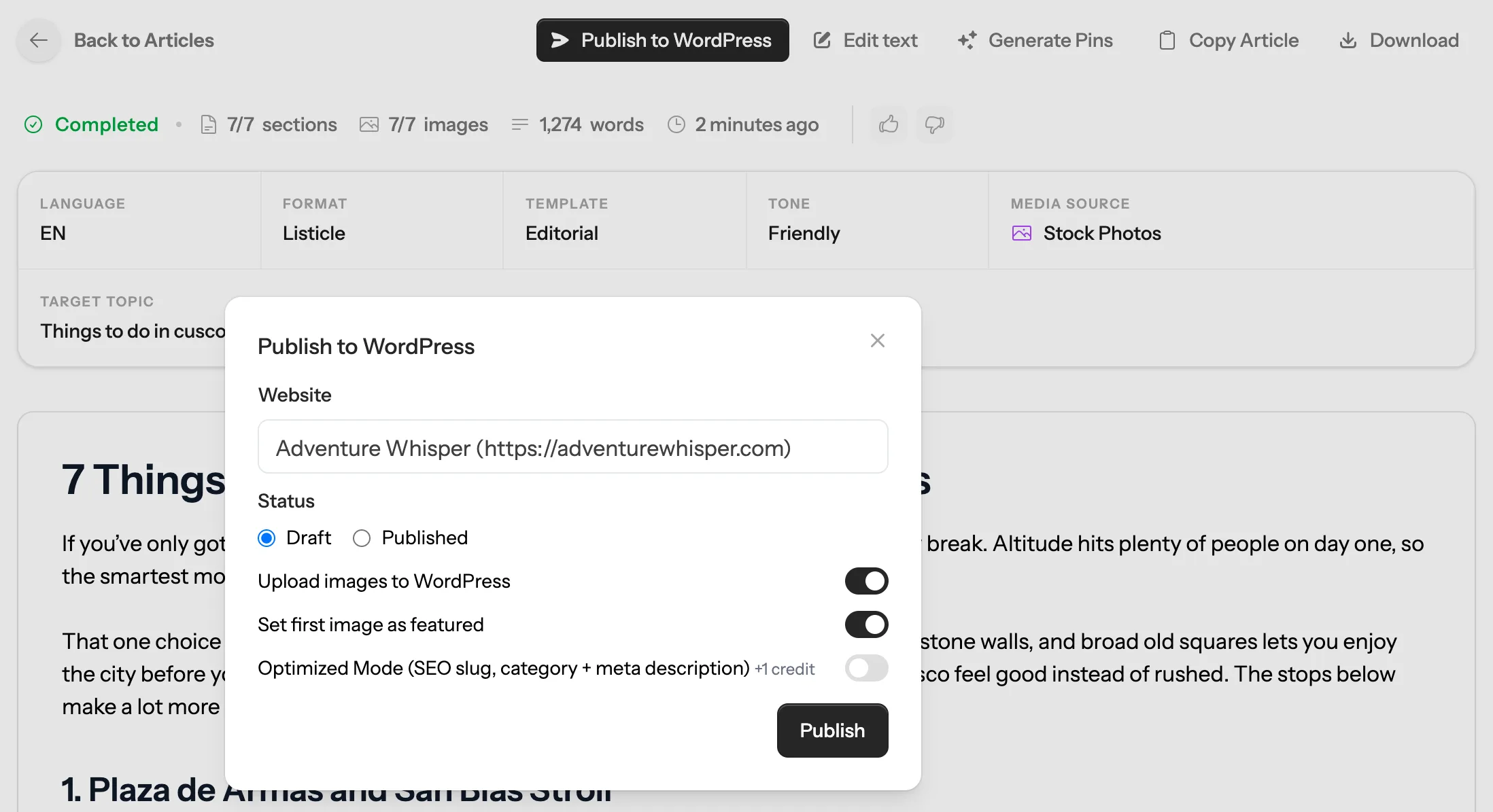 The Publish to WordPress window: the blog chosen, Draft ticked, images uploaded, and the Publish button