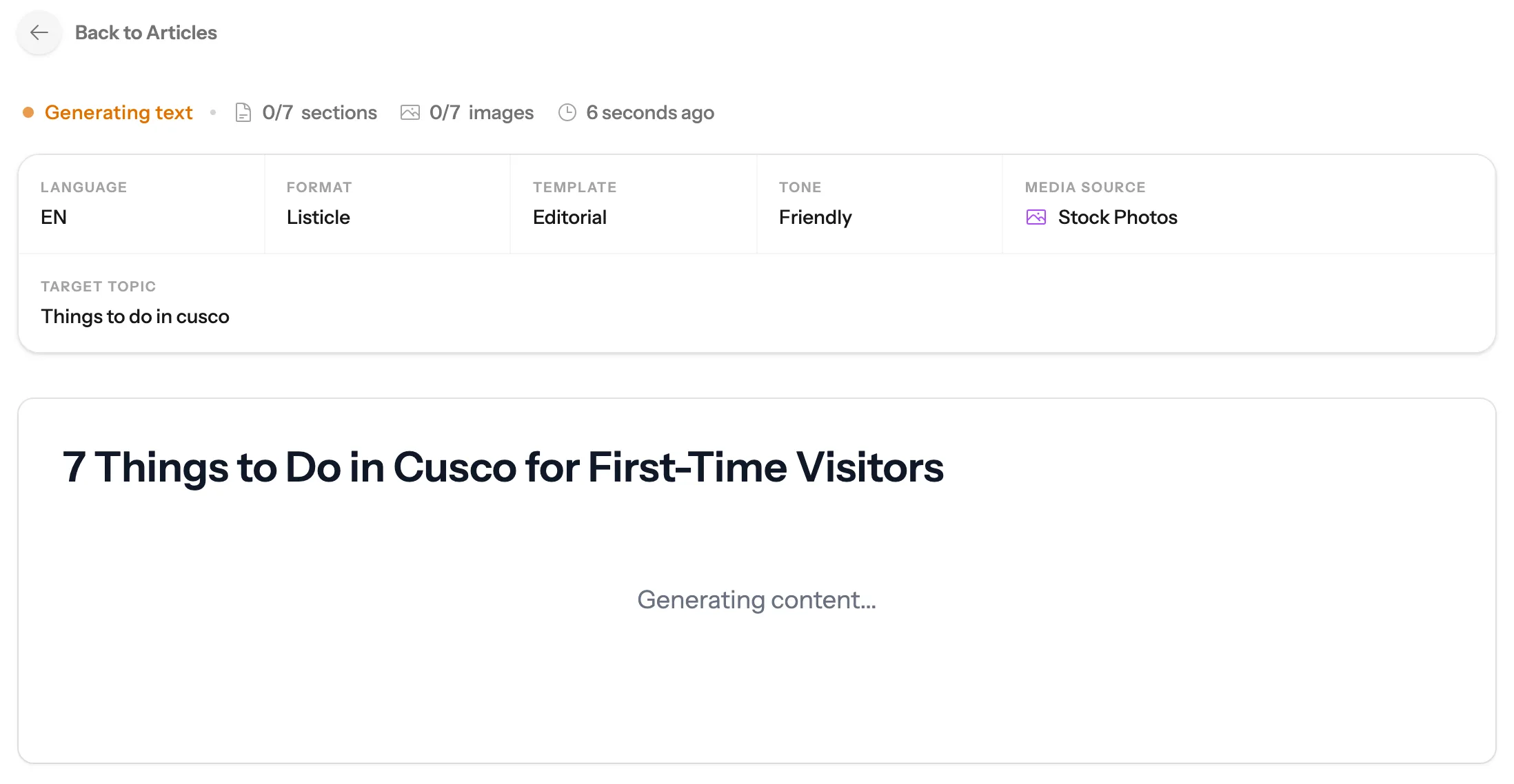 The new post being written: Generating text, 0 of 7 sections and 0 of 7 images so far