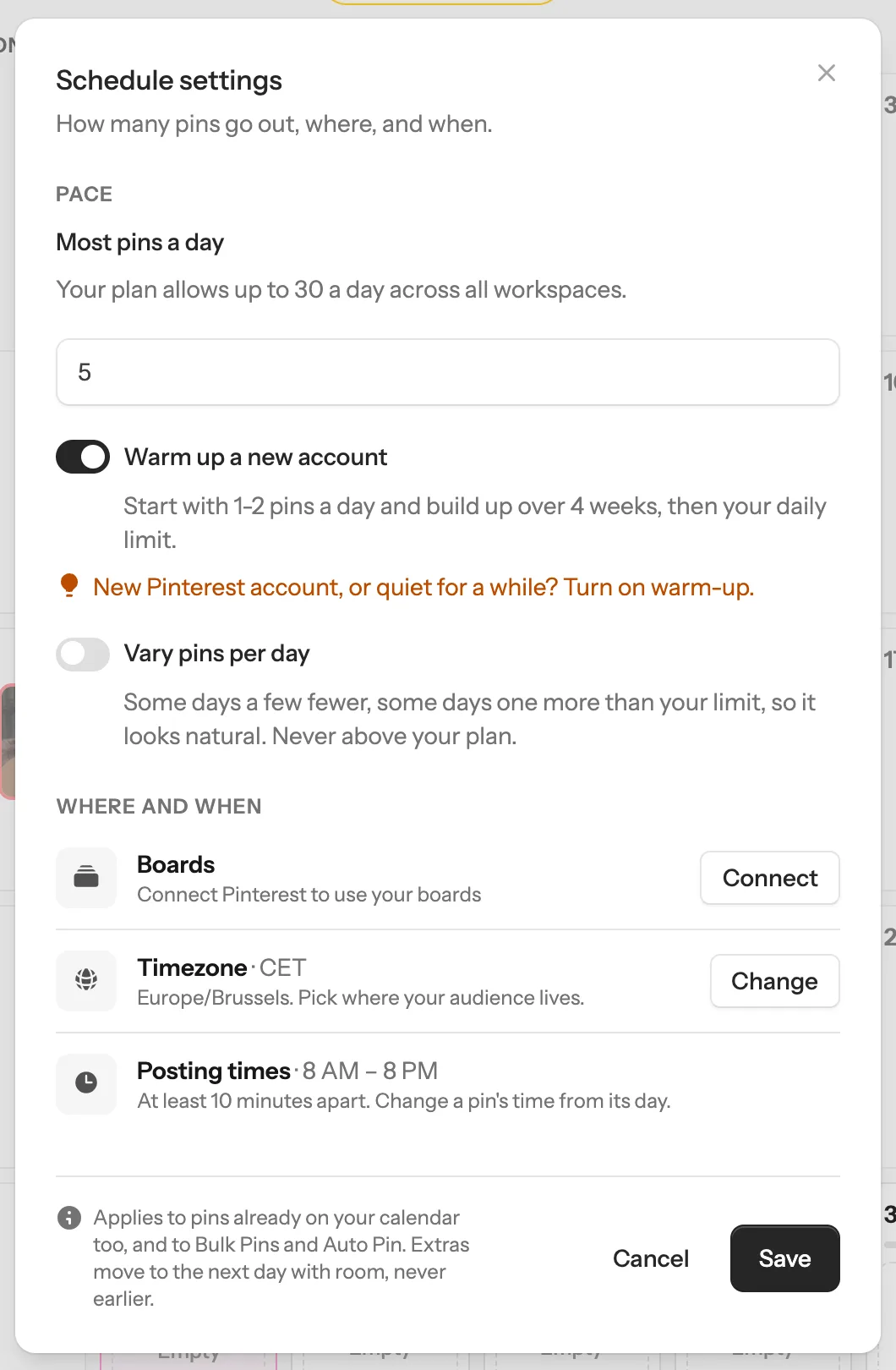 Schedule settings in the Pin Scheduler: Most pins a day set to 5, Warm up a new account turned on, and the Save button