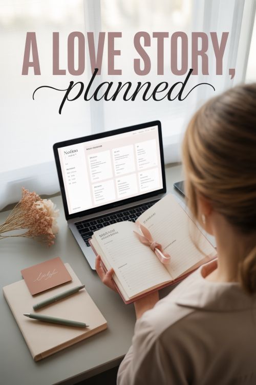 AI-designed Pinterest pin for a Notion wedding planner, titled A Love Story, Planned
