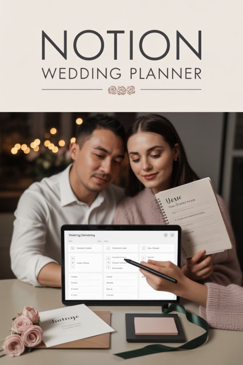 AI-designed Pinterest pin for a Notion wedding planner, showing a couple planning together