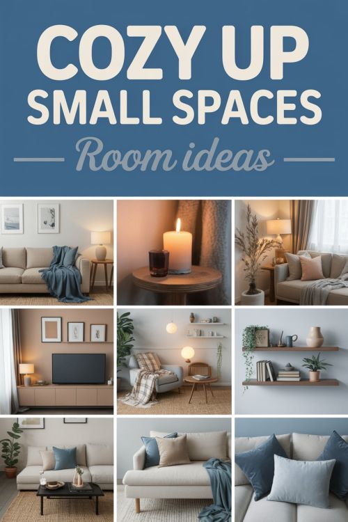 Pinterest pin generated from a blog post, a collage of cozy small space room ideas