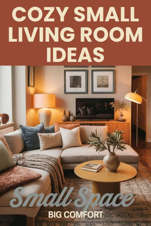 Pinterest pin generated from a blog post, one cozy small living room photo with a bold title