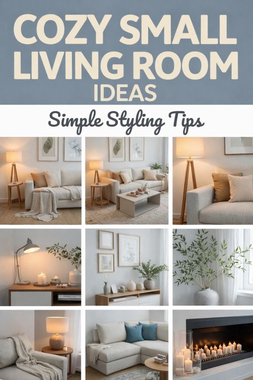 Pinterest pin generated from a blog post, a roundup grid of cozy small living room ideas