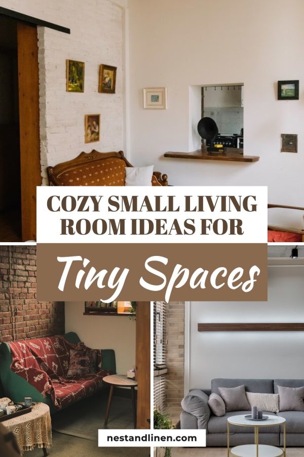 Designer-style Pinterest template pin from a blog post, a photo collage titled Cozy Small Living Room Ideas for Tiny Spaces