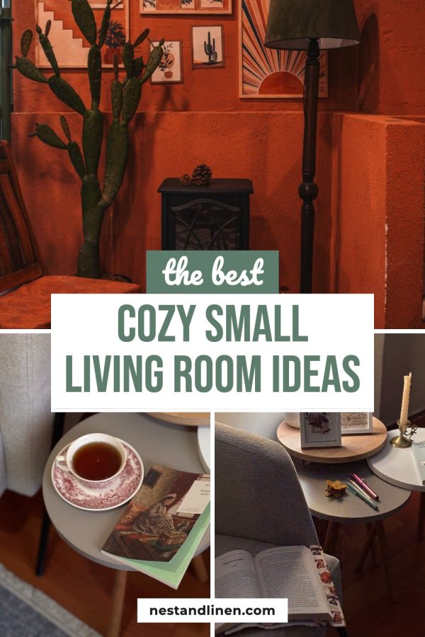 Designer-style Pinterest template pin from a blog post, a photo collage titled The Best Cozy Small Living Room Ideas