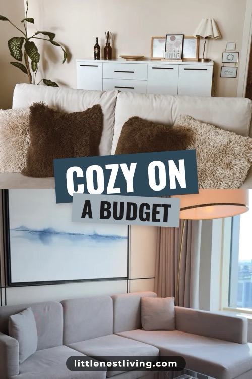 Pinterest pin with two cozy sofa photos and tilted title strips reading Cozy on a Budget