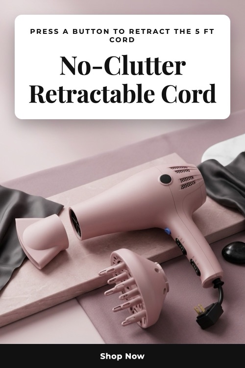 Pinterest pin generated from a Conair hair dryer photo, highlighting its retractable cord