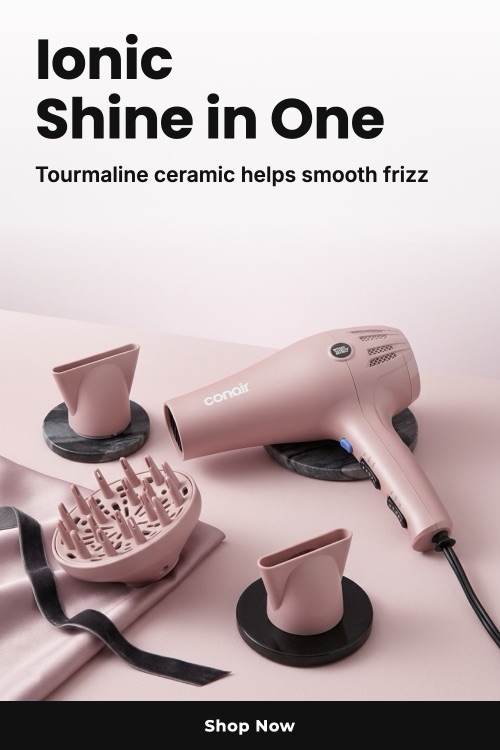 Pinterest pin generated from a Conair hair dryer photo, highlighting its ionic tourmaline technology